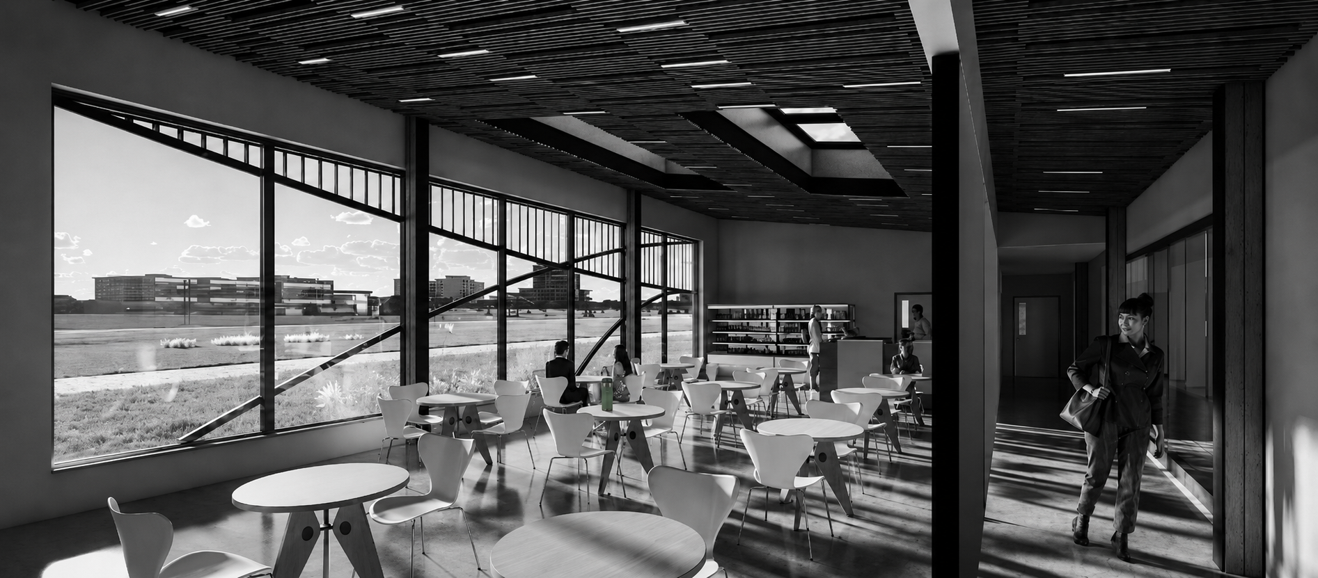 Leisure facility interior visual with timber ceiling and large windows